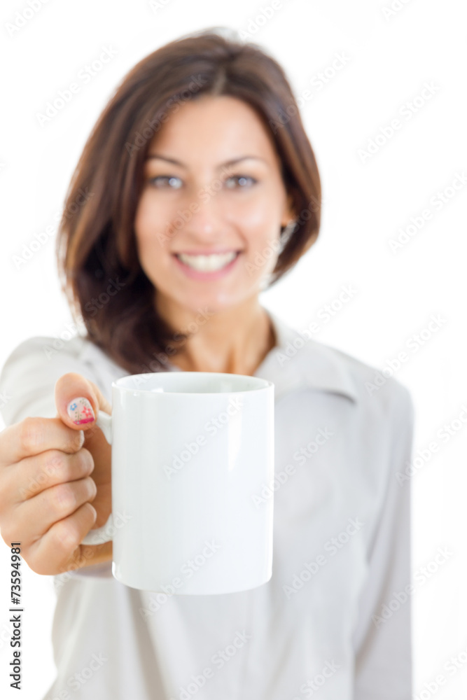 smiling casual pretty woman offered white cup of coffee or tea t smiling casual pretty woman offered white cup of coffee or tea t