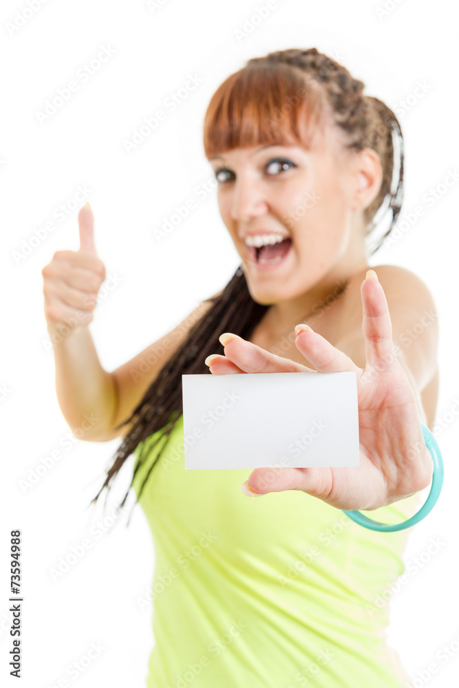 smiling woman or teenager girl showing empty blank paper card si smiling woman or teenager girl showing empty blank paper card si