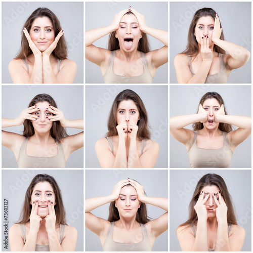 Beautiful young caucasian woman doing face yoga pose