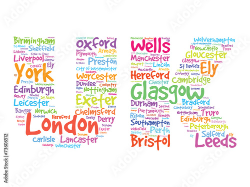 UK Hand drawn letters with cities names words cloud, vector