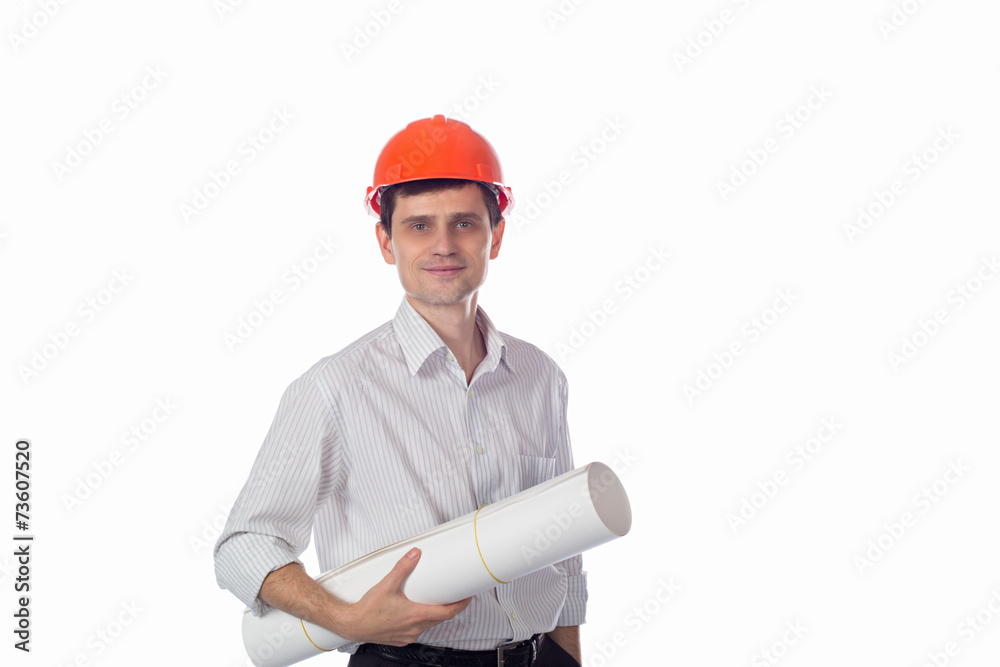 man in shirt, orange construction helmet with a roll of paper man in shirt, orange construction helmet with a roll of paper