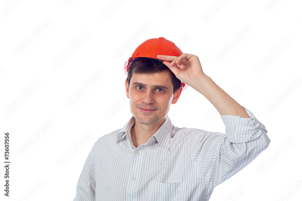 smiling man in a shirt orange construction helmet isolate smiling man in a shirt orange construction helmet isolate