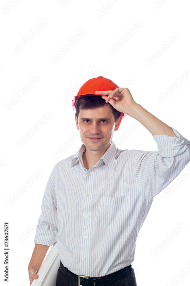 man in shirt orange construction helmet with a roll of paper man in shirt orange construction helmet with a roll of paper