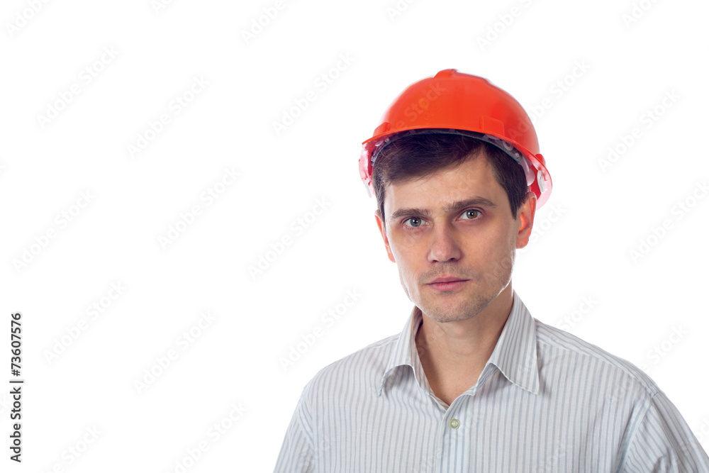 smiling man in a shirt orange construction helmet isolate smiling man in a shirt orange construction helmet isolate