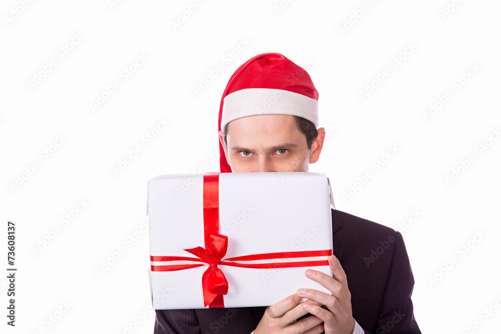 man in suit and hat with Christmas gift hand on white backgro man in suit and hat with Christmas gift hand on white backgro