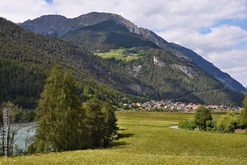 Austrian Alps-view to city Pfunds and river Inn