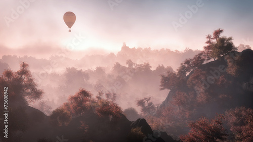 Aerial of balloon flying over mountain landscape with autumn for