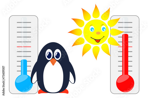 Sun and penguin with thermometers.