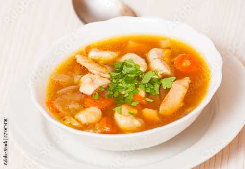 chicken soup with vegetables and mushroom