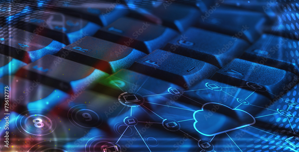 Fototapeta premium Keyboard with glowing cloud technology icons