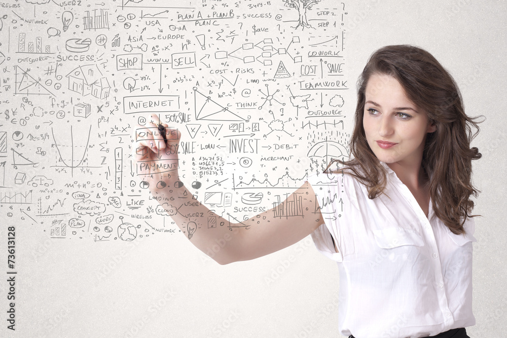Young woman sketching and calculating thoughts Young woman sketching and calculating thoughts