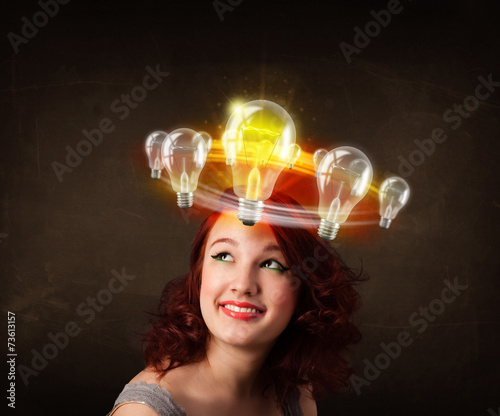woman with light bulbs circleing around her head