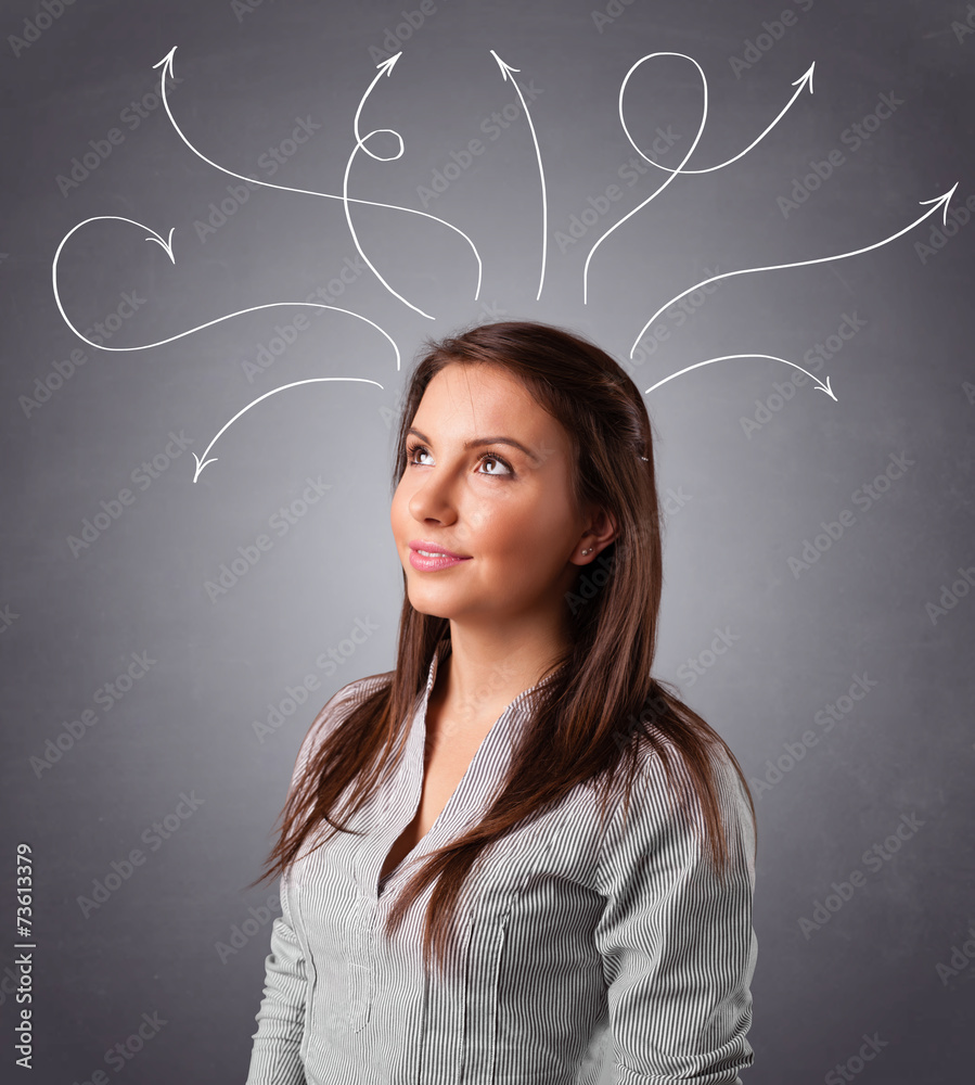 Young girl thinking with arrows overhead Young girl thinking with arrows overhead