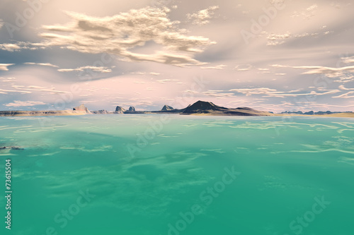 3D rendered fantasy alien planet. Sea and island