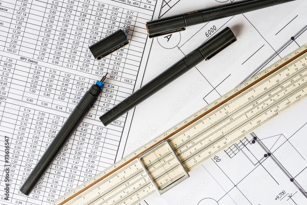 Workplace of engineer, tools for sketching