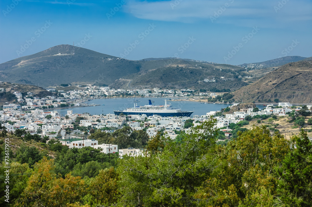 Patmos island scenic view with cruise ship