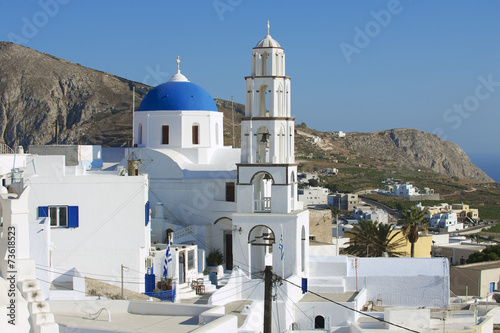 Orthodox church and bell tower in Pyrgos, Santorini, Greece.