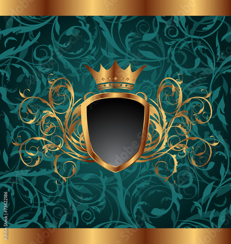Gold vintage frame with heraldic elements (crown, shield), seaml