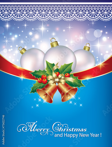 Christmas card with balls and bells on a blue background