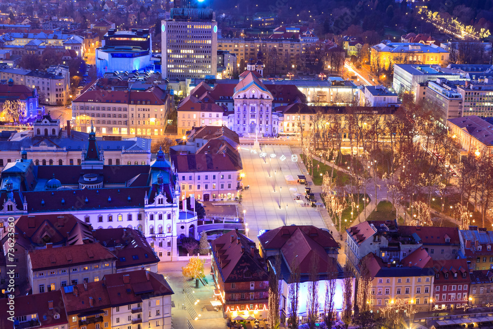 View of Congress square and Star park in Ljubljana at dusk