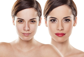 Comparison portrait of a woman without and with makeup