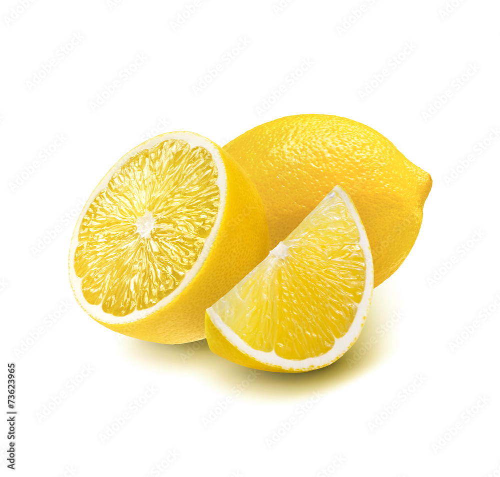 Whole, half and quarter piece lemon isolated on white
