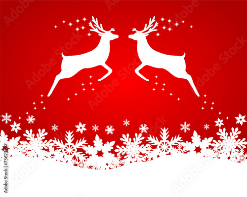 Reindeer with stars, snowflakes and glitter on a red background