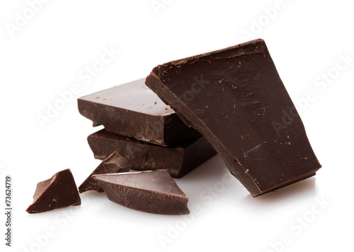 Dark chocolate chunks on white background, sweet food