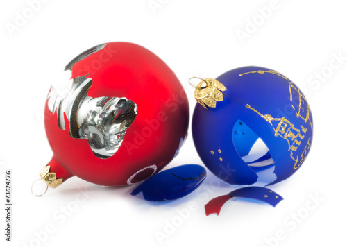 two broken Christmas balls isolated on a white background