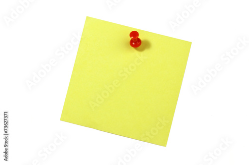 yellow blank card with push pin on white background