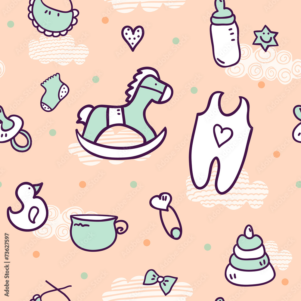 Vector seamless pattern with cute baby icons.