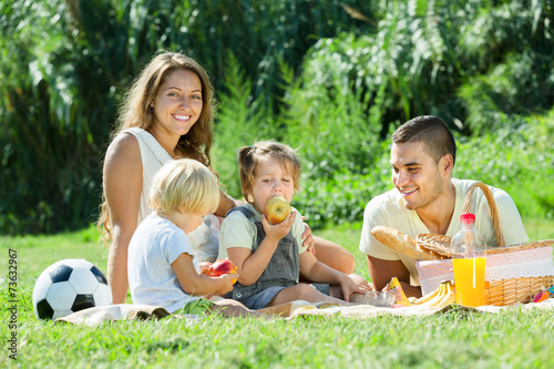 Happy family of four having picnic
