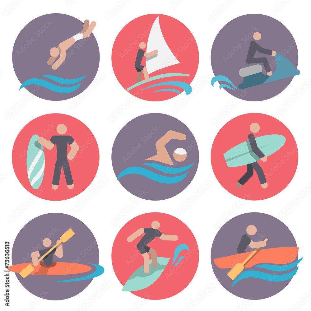 Water sports icons set flat Water sports icons set flat