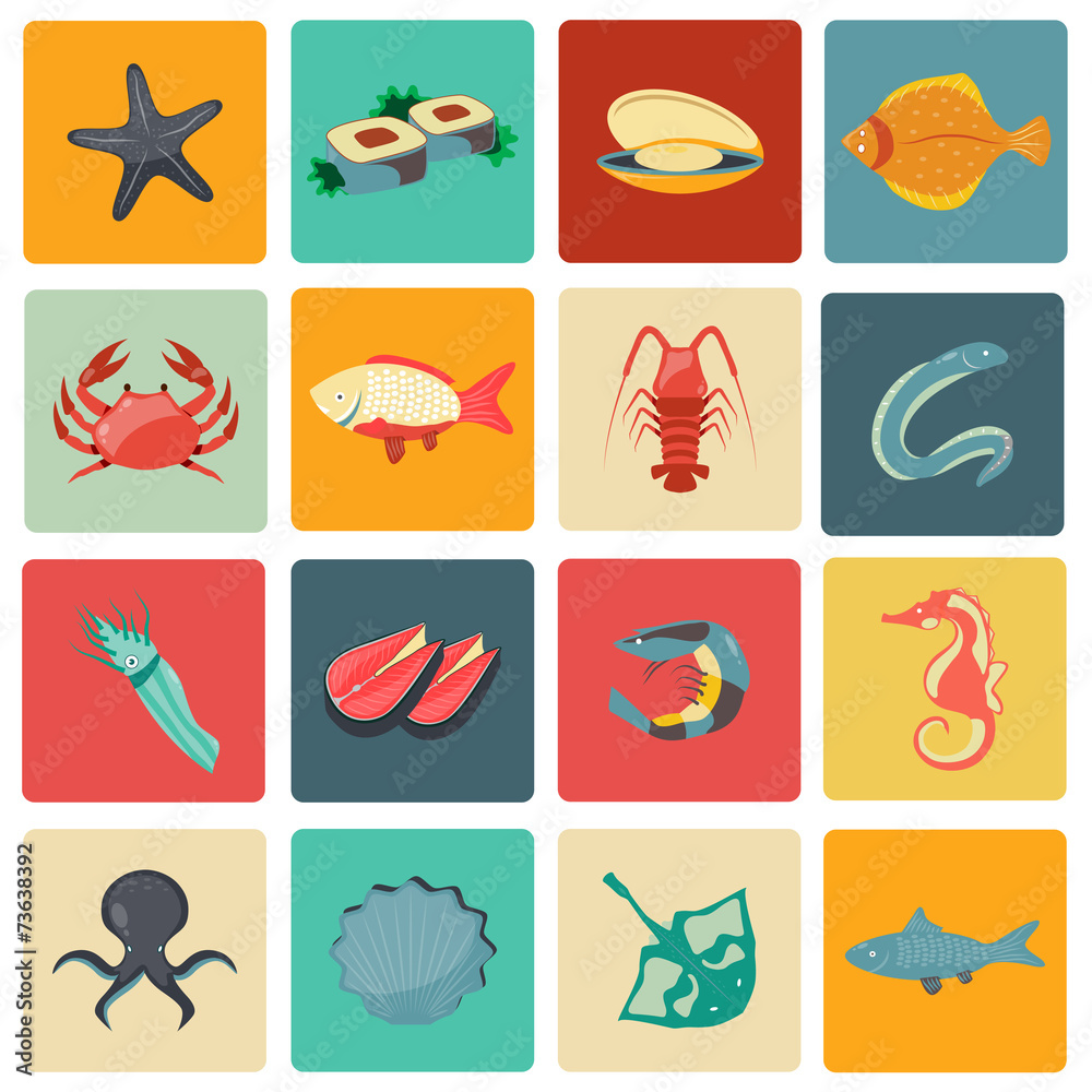 Obraz premium Seafood icons set flat