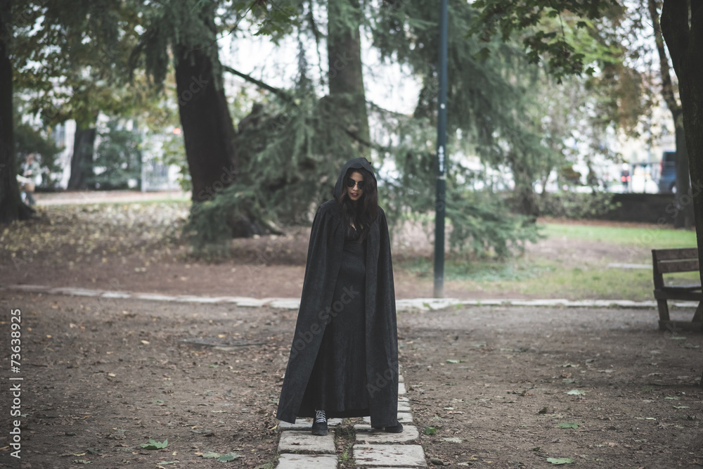 beautiful dark vampire woman with black mantle and hood beautiful dark vampire woman with black mantle and hood