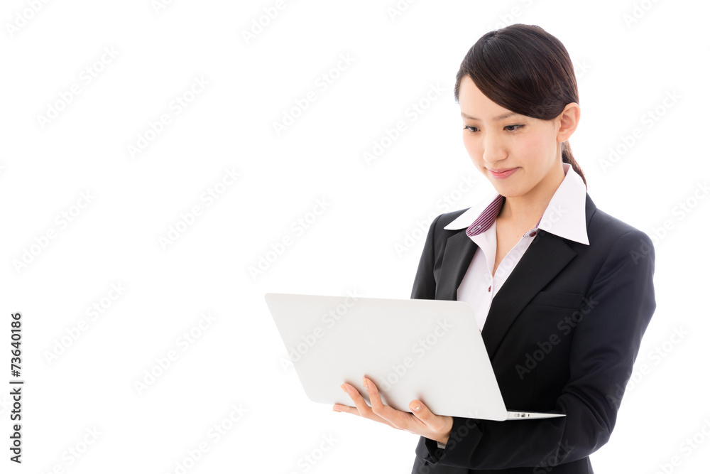 asian businesswoman using laptop on white background asian businesswoman using laptop on white background