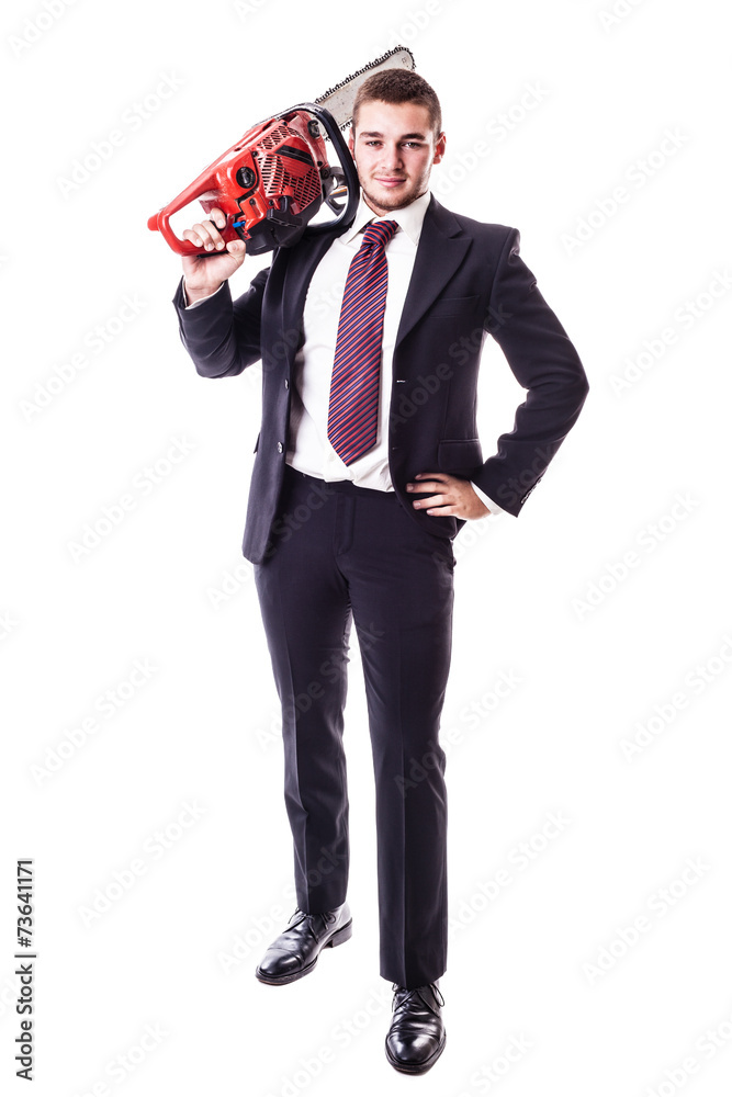 businessman holding a red chainsaw businessman holding a red chainsaw