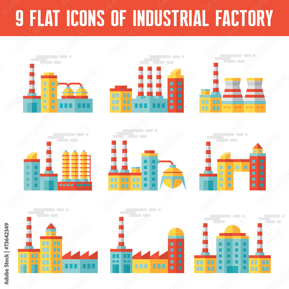 Industrial factory buildings vector icons in flat design style Industrial factory buildings vector icons in flat design style