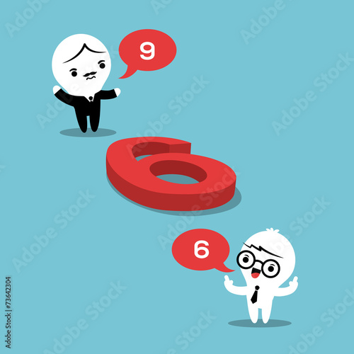Two businessmen arguing a number on the floor is 6 or 9