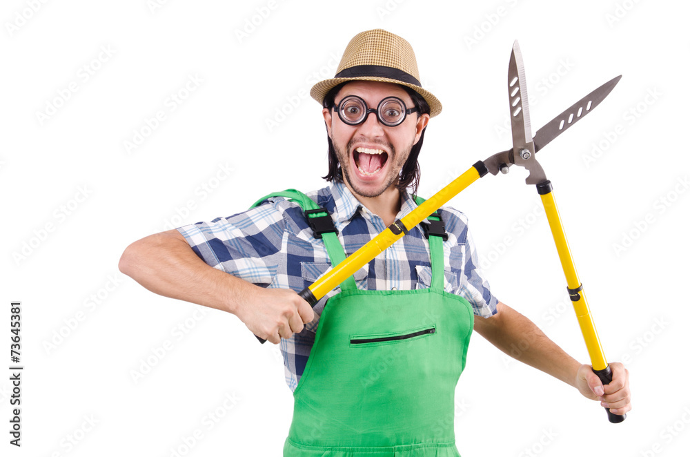 Funny gardener with shears isolated on white Funny gardener with shears isolated on white