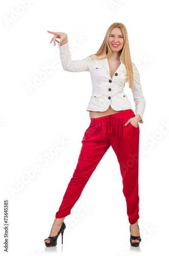 Woman pressing virtual button isolated on white