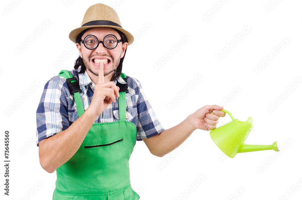 Funny gardener with watering can isolated on white Funny gardener with watering can isolated on white