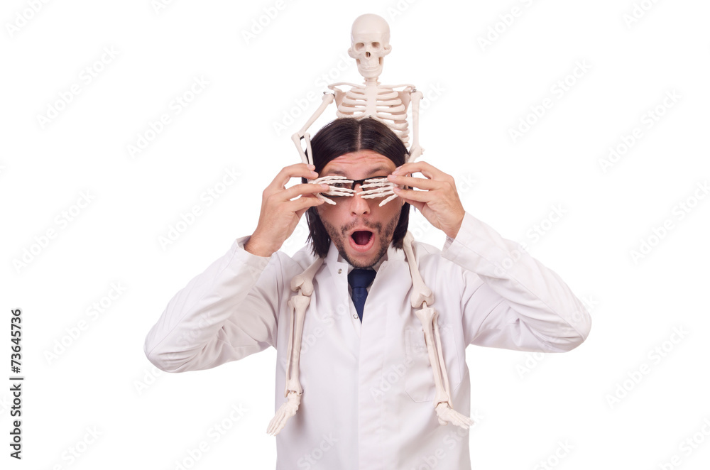 Funny teacher with skeleton isolated on white Funny teacher with skeleton isolated on white
