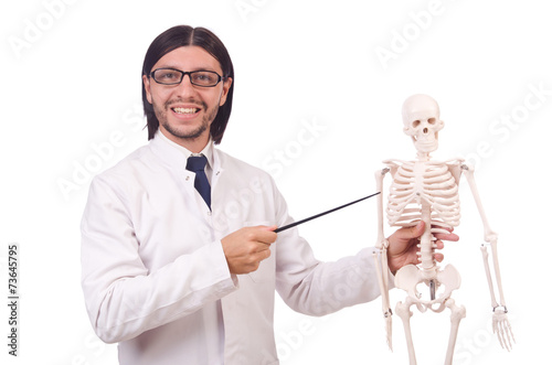 Funny teacher with skeleton isolated on white © Elnur