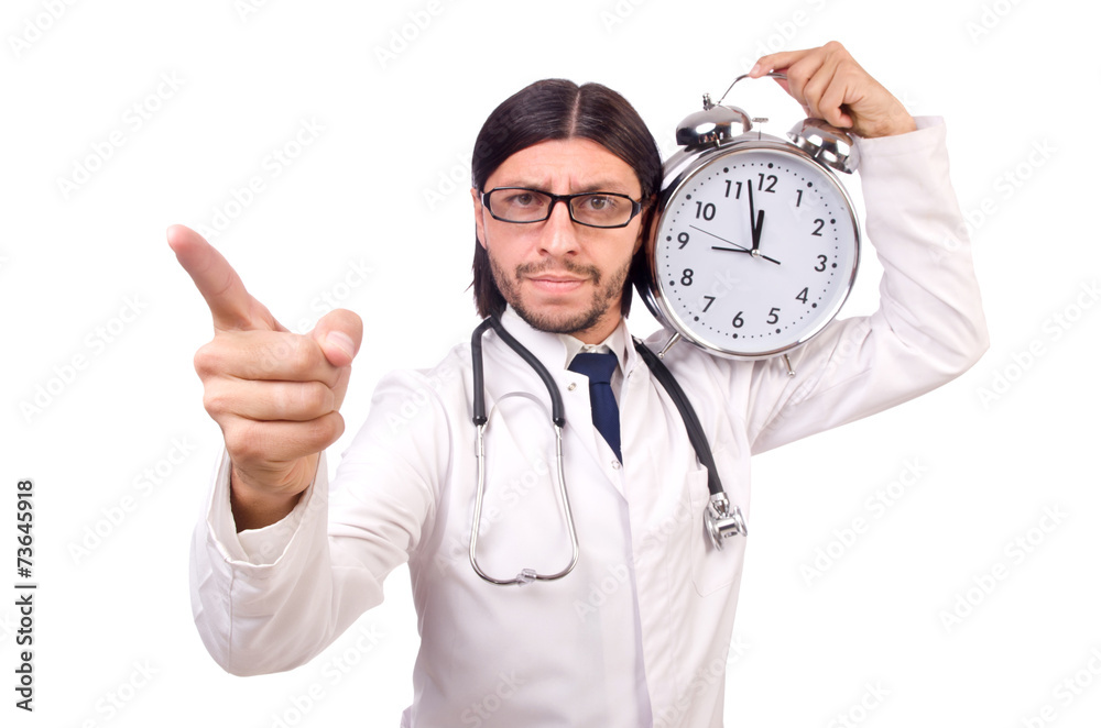 Man doctor with clock isolated on white