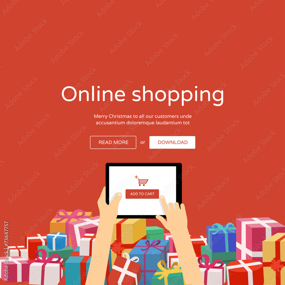 Online shopping - hands with tablet & christmas gifts - obrazy, fototapety, plakaty 