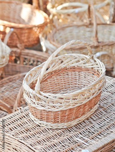 Handmade baskets for sale at a souvenir market in Romania