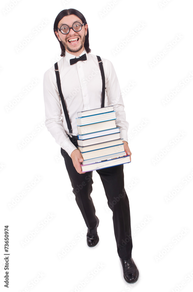 Funny student with books isolated on white Funny student with books isolated on white