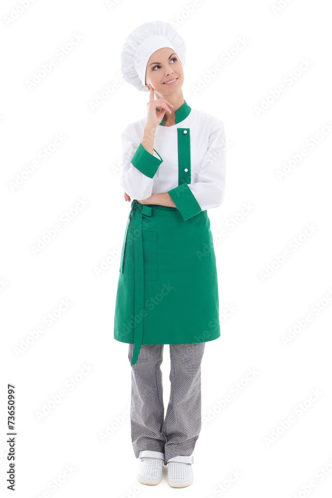 young attractive chef woman dreaming or thinking about something young attractive chef woman dreaming or thinking about something