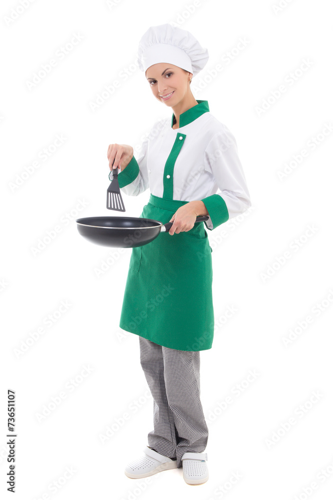 woman chef in uniform holding frying pan - full length isolated woman chef in uniform holding frying pan - full length isolated
